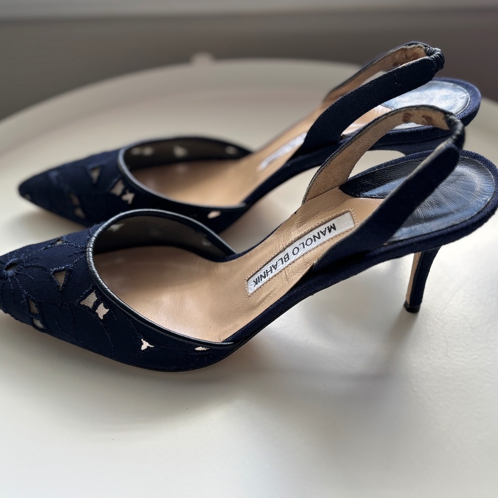 Manolo Blahnik Navy Embroidered Slingback Heels